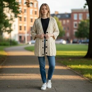 Kilronan Knitwear Irish Aran Cardigan L Merino Wool Cable Knit Cream Ireland